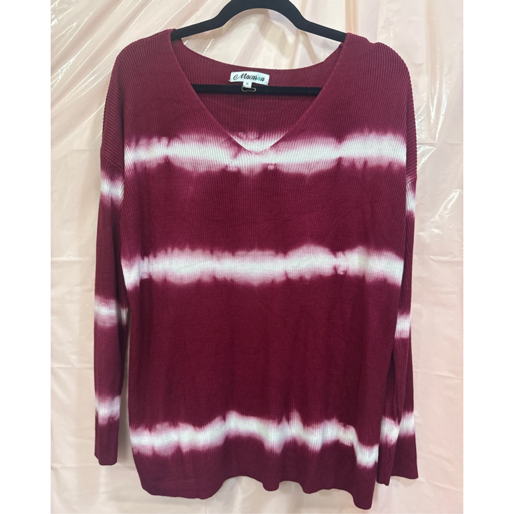 Women's Macaron Burgundy & White Tie-Dye V-Neck Sweater Size S
